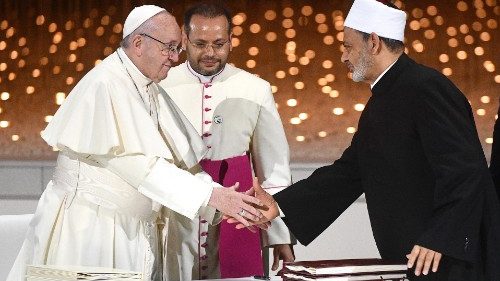 FILE: Pope Francis and Grand Imam of Al-Azhar, Ahmed el-Tayeb, shaking hands at the signing of the document on "Human Fraternity for World Peace and Living Together" in 2019.