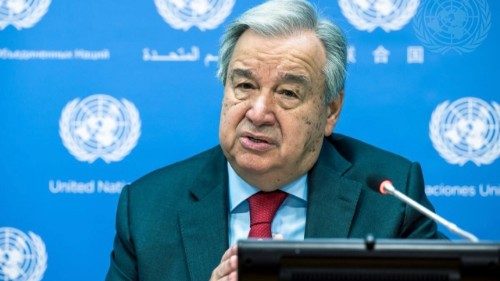 Secretary-General António Guterres briefs reporters on his Information Integrity on Digital Platforms policy brief. (UN Photo/ Mark Garten)