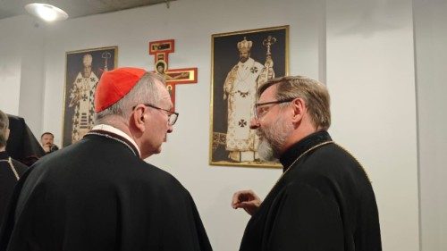 Cardinal Pietro Parolin at the headquarters of the Major Archbishop of the Ukrainian Greek Catholic Church, His Beatitude Sviatoslav Shevchuk.