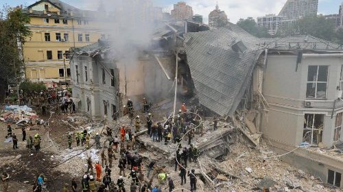 the site of a rocket strike on the Okhmadyt children's hospital in Kyiv