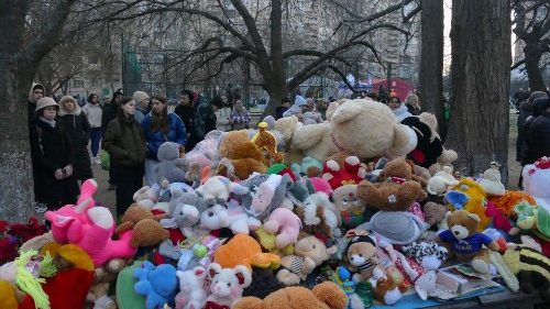 Memorial to victims of a Russian drone attack on Ukraine